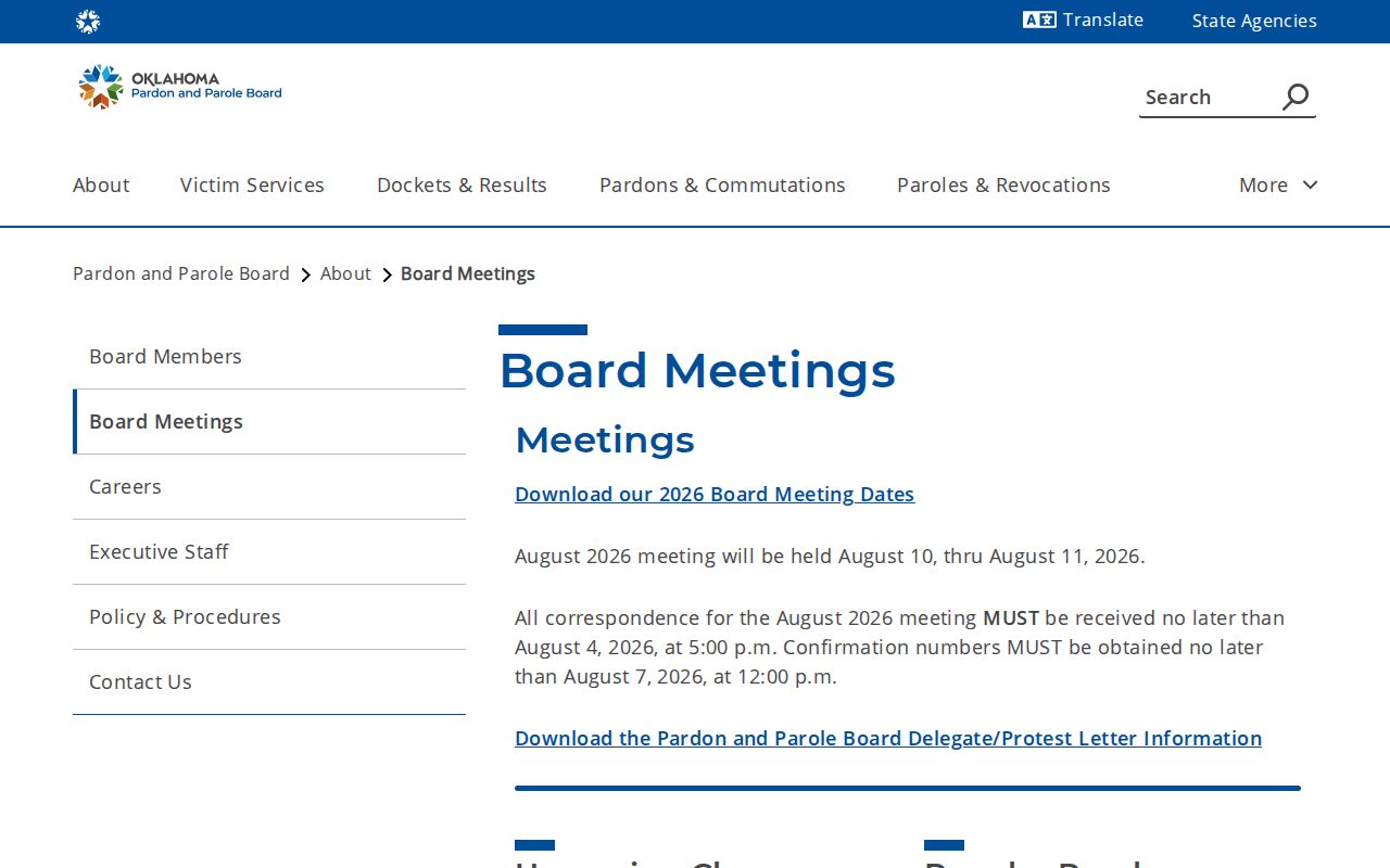 Oklahoma PPB hearing calendar for Okfuskee County parole records